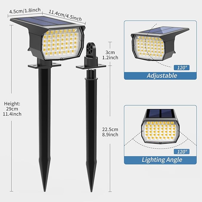 WENATY Solar Spot Lights Outdoor Waterproof IP65, 2 Pack Landscape Spotlights with 46 LEDs, 3 Modes Auto On/Off Solar Powered Flood Lights for Outside Pathway, Yard, Garden, Walkway (Warm White)