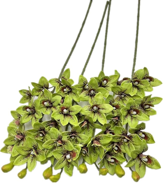 4pcs Green Cymbidium Orchid Flower 10 Heads Artificial Fake Latex Phalaenopsis Flowers for Wedding Centerpieces Home Hotel Floral Arrangment Decor (Green)
