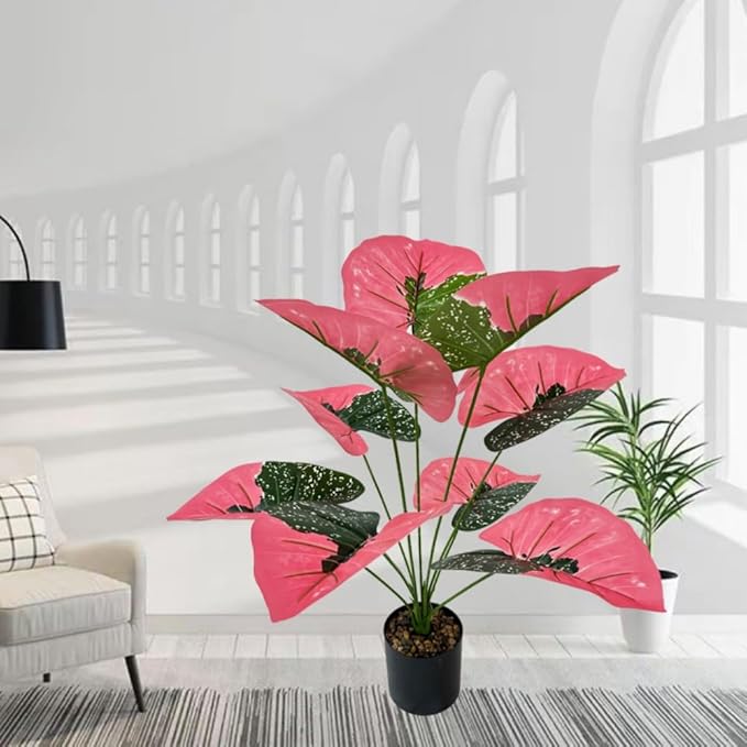 Artificial Caladium Plant with Red and Green Leaves, Red Leaf Artificial Plants Decoration Simulated Bonsai Potted Decor Home Room Party Wedding Office Floor(Rosered(No Flowerpot), 60cm)