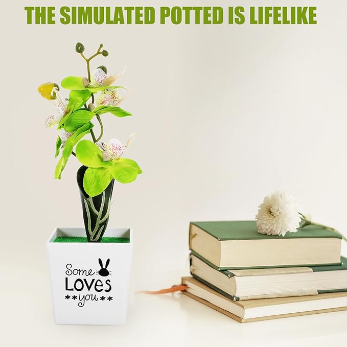 Artificial Moth Orchid Potted Plant Green Plastic Desktop Faux Flower Simulation Home Décor Tabletop Artificial Potted Flower for Living Room Office