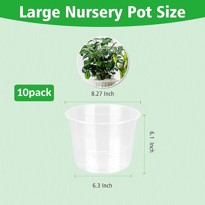 8 Inch Large Clear Nursery Pots with Drainage, 10 Pack Plastic Pots for Plants, Ideal Seedling Pots and Plant Pots for Vegetables, Orchids, Aloe, Indoor Outdoor Use (8 inch-10 Pack)