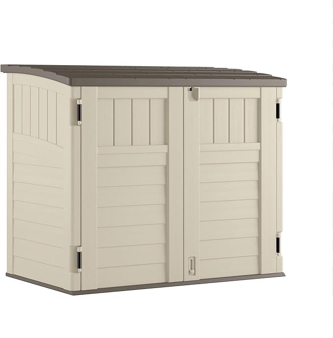 Suncast 3 Pack 34 Cu Ft Capacity Horizontal Outdoor Storage Shed for Garbage Cans, Garden Accessories, Backyard, and Patio Use, Vanilla
