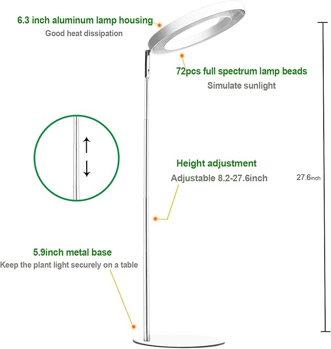 Yadoker 72 LEDs Full Spectrum Plant Grow Light for Indoor Plants，Height Adjustable, 6.3" Aluminum Housing,Automatic Timer with 8/12/16 Hours,10-Level Brightness,White Plant Light,1Pack