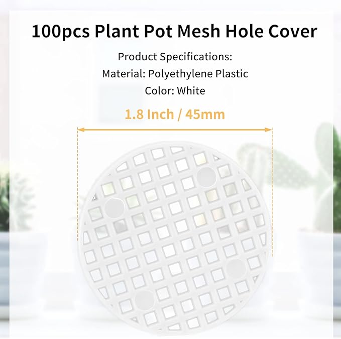 Bivethoi 100pcs Plant Pot Mesh Hole Cover Bonsai Drainage Mesh Insert, Flower Pot Hole Mesh Pad Bottom Grid Mat, Round Mesh Screen Pot Bottom Gasket for Garden Prevent Soil Loss (1.8" / 45mm, White)