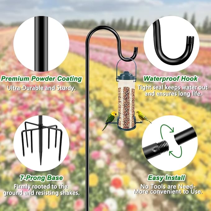 ANIDEER 96" Shepherds Hooks for Outdoor, Heavy Duty Garden Bird Feeder Pole Hanging Bird Feeder, Solar Light Lanterns, Outdoor Plant Hanger Hook with 7 Base Prongs, 1 Pack