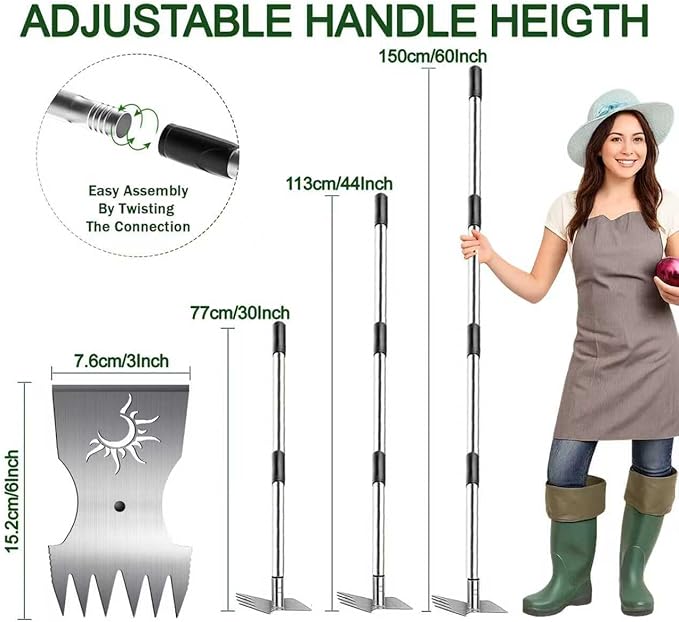 Weed Puller Tool with Long Handle, 60inch Manual Weed Puller Tool,2 in 1 Hand Weed Rake,Heavy Duty Garden Hoe,Uprooting Weeder Remover for Garden (Chrome(Stainless Steel), 60" Long Handle)