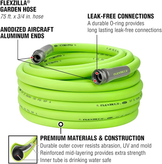 Flexzilla Garden Hose 3/4 in. x 75 ft., Lightweight All-Weather Water Hose, Durable and Flexible, Leak-Free Connections