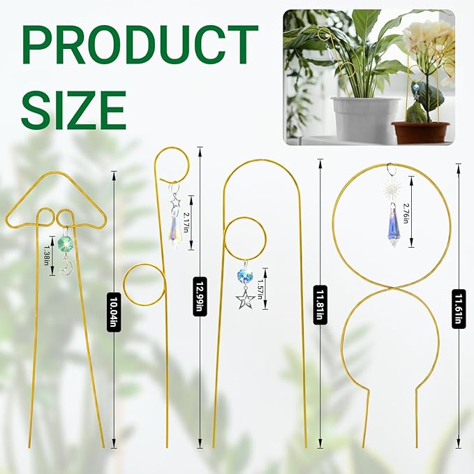 Small Trellis for Potted Plants Indoor with Crystal Sun Catcher, 4Pack Golden Metal Plant Stake for Home Window Garden, Plant Accessories Indoor Decoration (Mix)