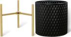 ARNIS Plants Pots with Stand, Large Size Flower Pots, Set of 2 Unique Mid Century Decorative Metal Flower Pots with Drainage,10.5&12.25 Inch, Black