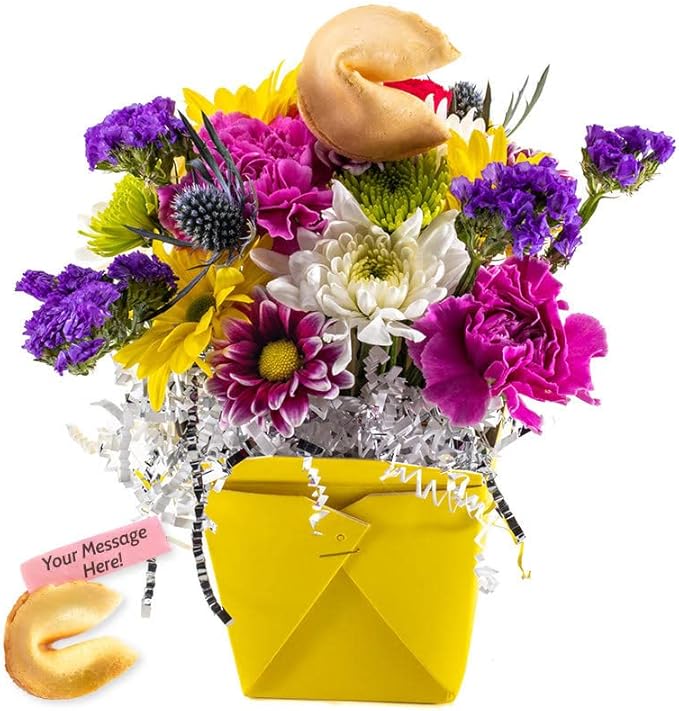 Spring Fresh Cut Live Flowers Arranged in a Takeout Container with Your Personal Message Tucked Inside a Fortune Cookie