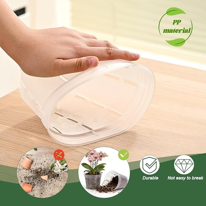 LUCKJUJU 12 Sets Orchid Pot with Holes, 4, 5, 6 Inch Clear Plastic Plant Pot with Saucers, Plant Stakes, Clips, Orchid Pots with Drainage for Repotting for Indoor Outdoor Plants