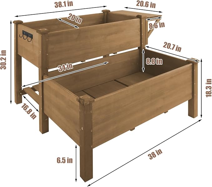 ketive 2-Tier Raised Garden Bed with Legs Outdoor Elevated Garden Box,Storage Shelf,Protective Liner for Backyard,Patio,Balcony,55x42x30in (Brown)