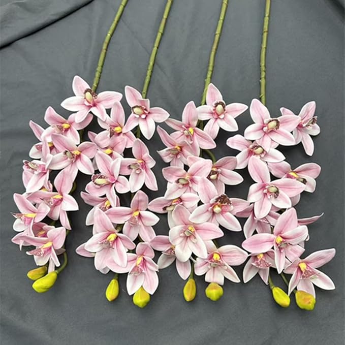 4pcs Artificial Cymbidium Orchid Flower Plant 3D Print Vanda 10 Heads Latex Phalaenopsis Flower (Pale Pink)