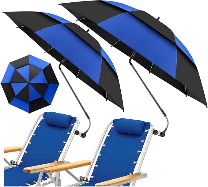 48.6" Double Canopy Beach Umbrella with Clamp, UPF50+ Beach Chair Umbrella with clip, 360°Adjustable Portable Outdoor Wheelchair, Patio, Golf Carts,Camping(Blue/Black)