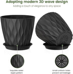Meowell 7 inch Plant Pots for Indoor Outdoor Plants, 5 Pack Thick Flower Pots with Drainage Holes and Saucers, 3D Modern Wave Texture Plastic Planter Pots for House Plants, Black