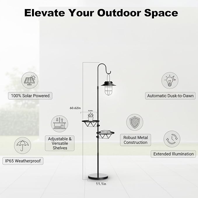 Kirschblüte Solar Floor Lamp with Table, 60" Outdoor Shepherd Hook with Solar Lantern, Waterproof Metal Side Table for Patio, Heavy Duty Solar Pole Light for Garden, Deck, Porch and Backyard Decor