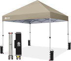 CROWN SHADES 8x8 Pop Up Canopy - Beach Tent with One Push Setup - Easy Outdoor Sun Shade for Events, Parties, Camping - Gazebo with STO-N-Go Cover Bag, Silver Coated Top, Beige