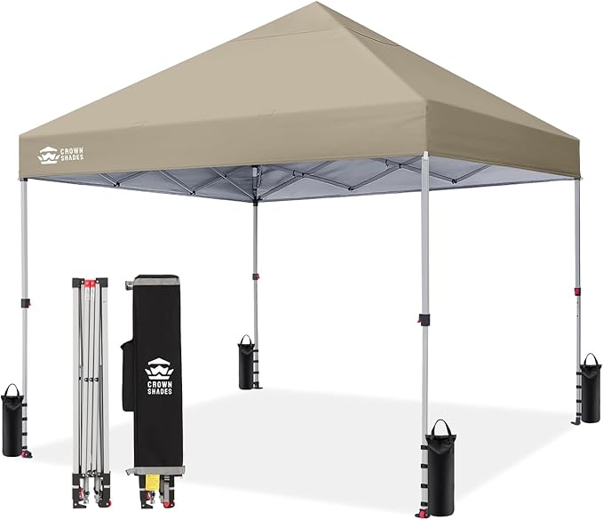 CROWN SHADES 8x8 Pop Up Canopy - Beach Tent with One Push Setup - Easy Outdoor Sun Shade for Events, Parties, Camping - Gazebo with STO-N-Go Cover Bag, Silver Coated Top, Beige