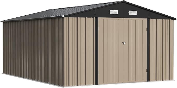 Patiowell 10x14 FT Storage Shed, Outdoor Metal Steel Garden Shed with Lockable Door and Sloping Roof, Large Outside Utility Tool Sheds for Backyard Garden Patio, Brown