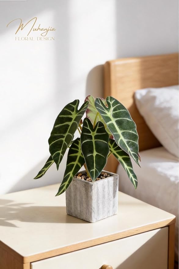 Muhanjia Artificial Potted Plant, Lifelike Faux Greenery in Decorative Cement-Look Square Pot for Indoor Home Decor Centerpieces (Alocasia)