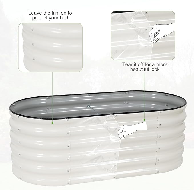 Galvanized Raised Garden Bed - 4x2x1.4FT Metal Planter Boxes Outdoor | Oval Steel Raised Bed Kit for Gardening with Protective Tape, Gloves for Vegetables, Flower, Herb (White)