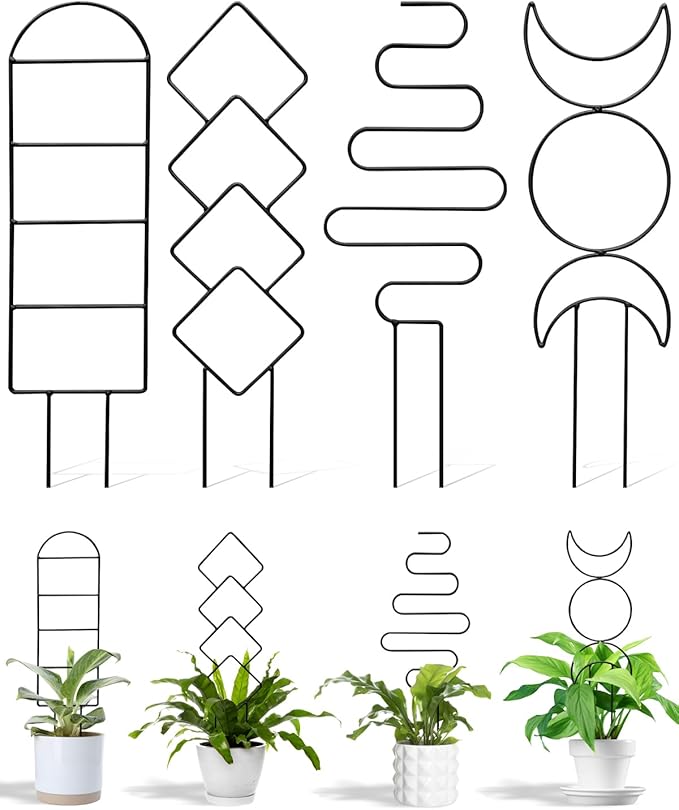 4 Pack Trellis for Indoor Climbing Plant, Small Metal Garden Trellis for Potted Plants, Stake Mini Treleaf Trellis Support for Hoya, Vines, Pothos, Monstera (Black)