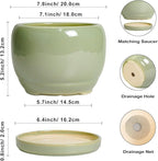 SQOWL 8 Inch Plant Pot - Ceramic Planters with Drainage Hole and Tray, Round Flower Pot for Indoor Plants, Modern Decorative Planters Outdoor, Garden Decor, Housewarming Gifts, Green
