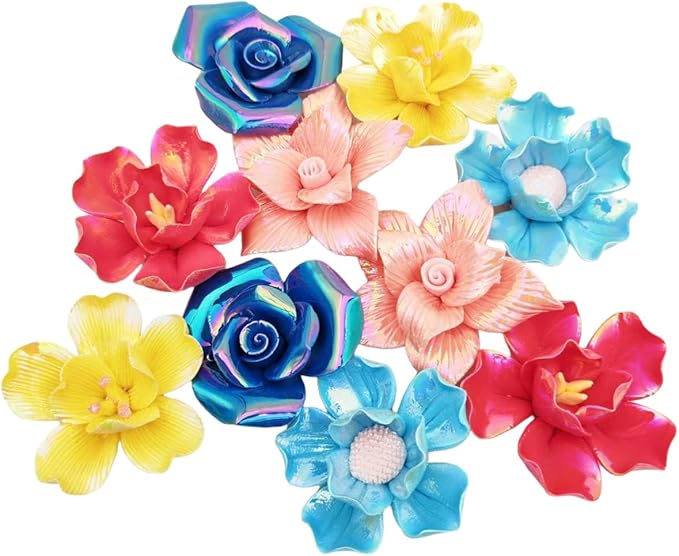 10 PCS 3D Flower Ceramic Tiles,1.6" Handmade Procelain Ceramic Flowers for Artwork,Fish Tank,Vases,Living Room, Dining Table,Office, Home Floral Decor (Double-Flowered Iridescent Mix Color)