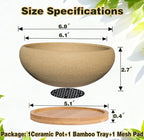 MUZHI Round Unglazed Ceramic Bonsai Pot with Bamboo Tray, Large Rough Pottery Succulent Planter with Drainage Hole 6.1 inch