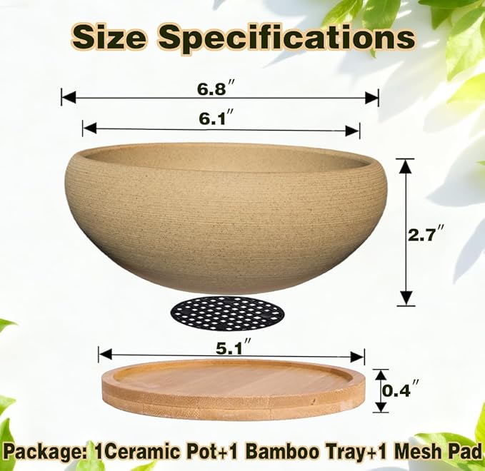 MUZHI Round Unglazed Ceramic Bonsai Pot with Bamboo Tray, Large Rough Pottery Succulent Planter with Drainage Hole 6.1 inch