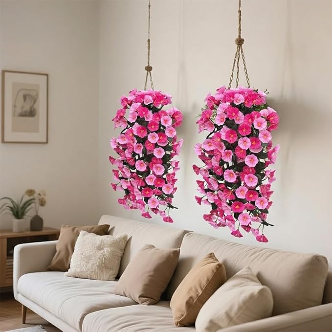 Artificial Flowers for Outdoors Fake Pink Morning Glory Hanging Flower Decoration, 2Pcs Realistic Faux Plants Petunias Long Trailing Vines,Spring Decor for Porch Patio Balcony Planter Yard