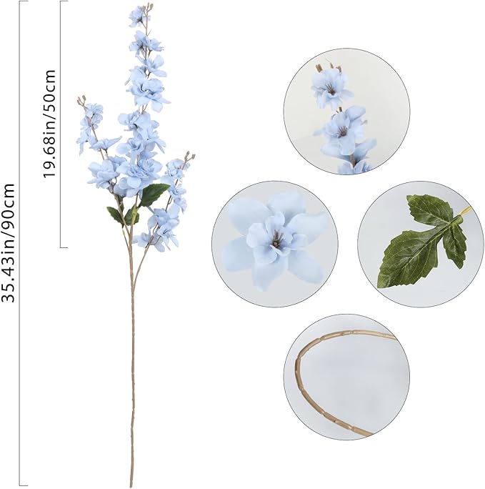 6PCS Blue Delphinium Artificial Flower Lifelike Silk Larkspur Flowers Plant 35.43" Long Stem Blossoms Fake Flowers for Tall Vase Floral Arrangements Home Table Wedding Decor(Blue)