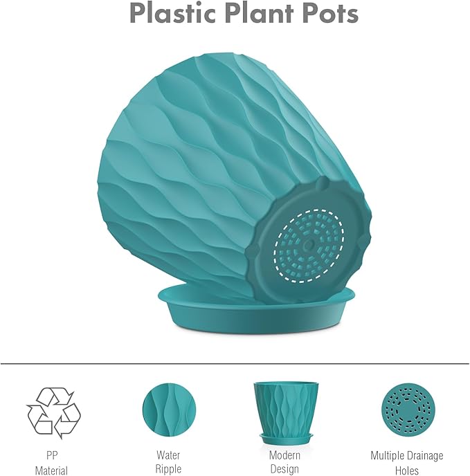 Meowell 6 inch Flower Pots, 5 Pack Plant Pots for Indoor Plants, Water Ripples Plastic Planters with Drainage Holes and Saucers, Nursery Pots for Small Succulent Garden House Plants, Blue Green