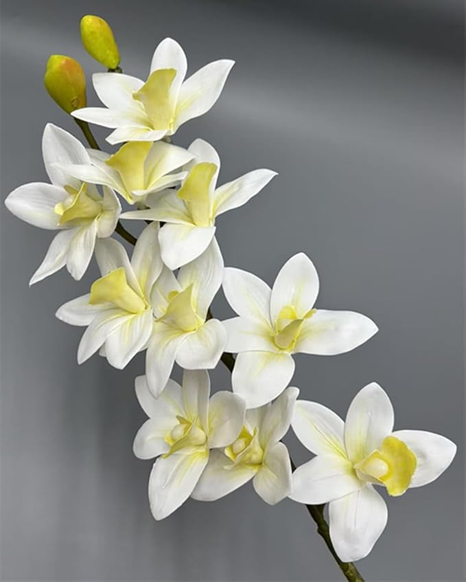 4pcs Artificial Cymbidium Orchid Flower Plant 3D Print Vanda 10 Heads Latex Phalaenopsis Flower (Yellow Heart White)