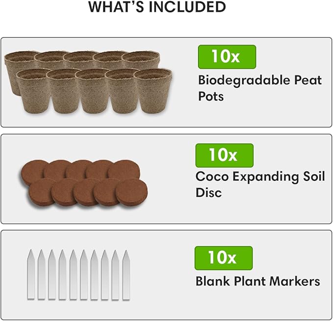Seedling Starter Kit Germination Grow Cups and Soil (10 Pack) Biodegradable Peat Pots, Coco Coir Soil Discs, Plant Markers - Organic Grow Kit for Seed Germination, Indoor/Outdoor (3)