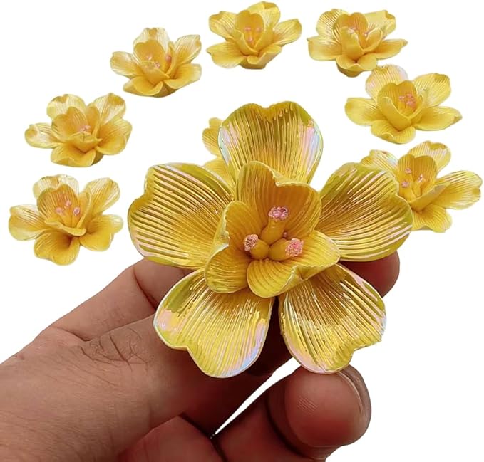 BTMIEY 10 PCS 3D Flower Ceramic Tiles,1.6" Handmade Procelain Ceramic Flowers for Artwork,Fish Tank,Vases,Living Room, Dining Table,Office, Home Floral Decor (Double-Flowered Iridescent Yellow)