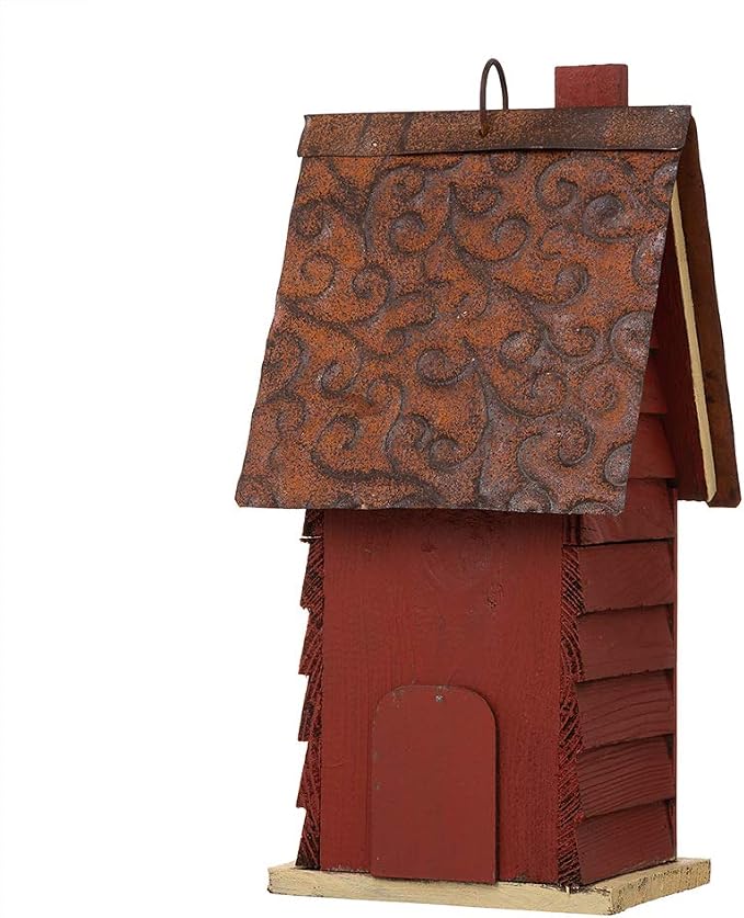 Glitzhome Bird Houses for Outside, Distressed Red Cottage Blue Bird House, 12" H Solid Wood Birdhouse Hanging Bird House for Outdoors