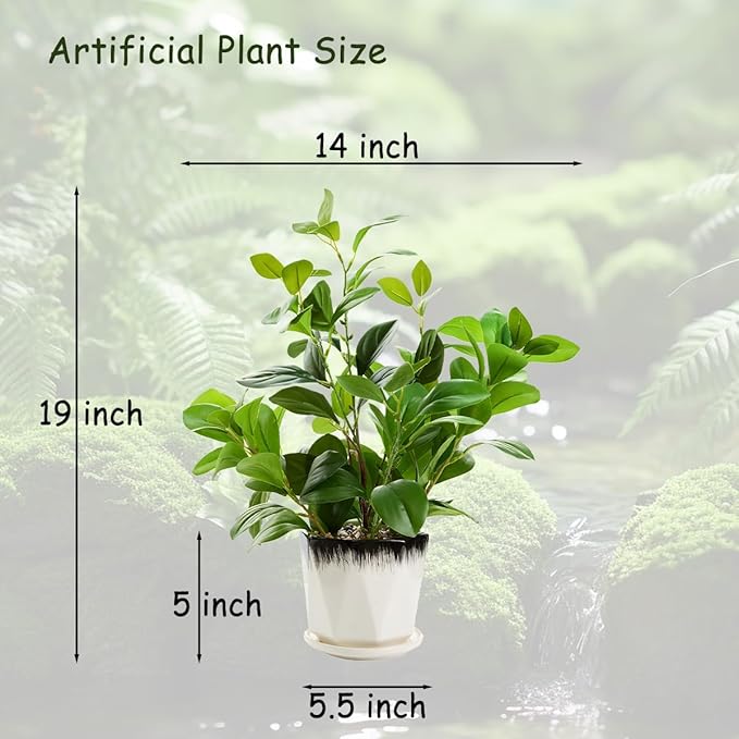 16 inch Fake Plants Indoor Realistic Thick Evergreen Leaf Artificial Plant with Black and White Creamic Pot for Farmhouse Home Room Bedroom Kitchen Office Desk Decor
