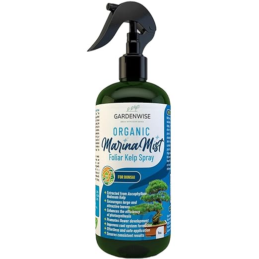 GARDENWISE Organic Marina Mist Foliar Spray for All Live Indoor and Outdoor Bonsai Tree Plants | Micro Nutrients for Vital Bonsai Health | Gentle Formula | Liquid Plant Food | Quick Results (8 oz)