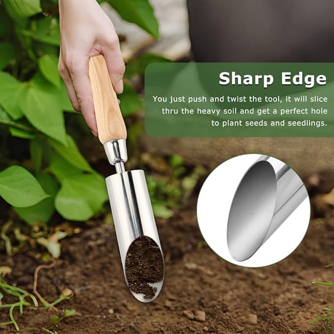 Small Bulb Planter Tool, Bulb Planter for Breaking Through Soil, Stainless Steel Bulbs Planters Tool, Small Bulbs Digger with Comfortable Wood Handle/Sharp Edge(Color:Silver)