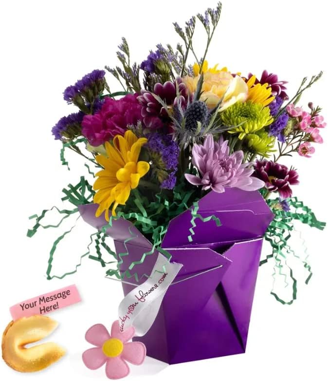 Purple Haze Fresh Cut Live Flowers Arranged in a Takeout Container with Your Personal Message Tucked Inside a Fortune Cookie