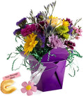Purple Haze Fresh Cut Live Flowers Arranged in a Takeout Container with Your Personal Message Tucked Inside a Fortune Cookie
