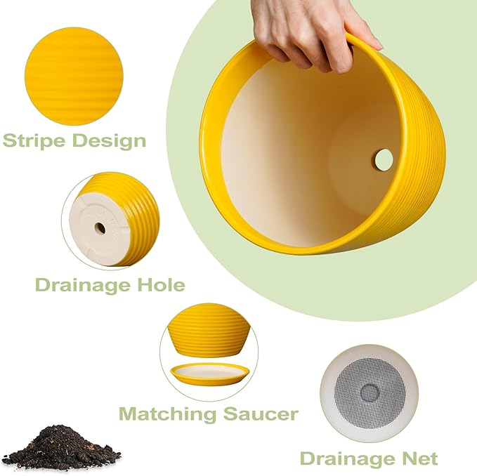 12 Inch Pots for Plants - Ceramic Planter for Indoor Plants Large Plant Pot with Drainage Hole and Saucer Round Outdoor Flower Pot for Garden Home Patio Office Yellow