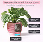 Plant Pots, Modern 3D Printed Honeycomb Planters for Indoor Plants, 4.7 Inch Cherry Pink Decorative Flower Pot for Office Desktop, Bookshelf & Home Decor, Lightweight & Durable.