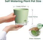Meowell 5 inch Self Watering Flower Pots for Indoor Plants, 5 Pack Small Plant Pots with Drainage Holes & Clear Reservoir for Visible Water Level, Plastic Wicking Planter Pots for House Plants, Green