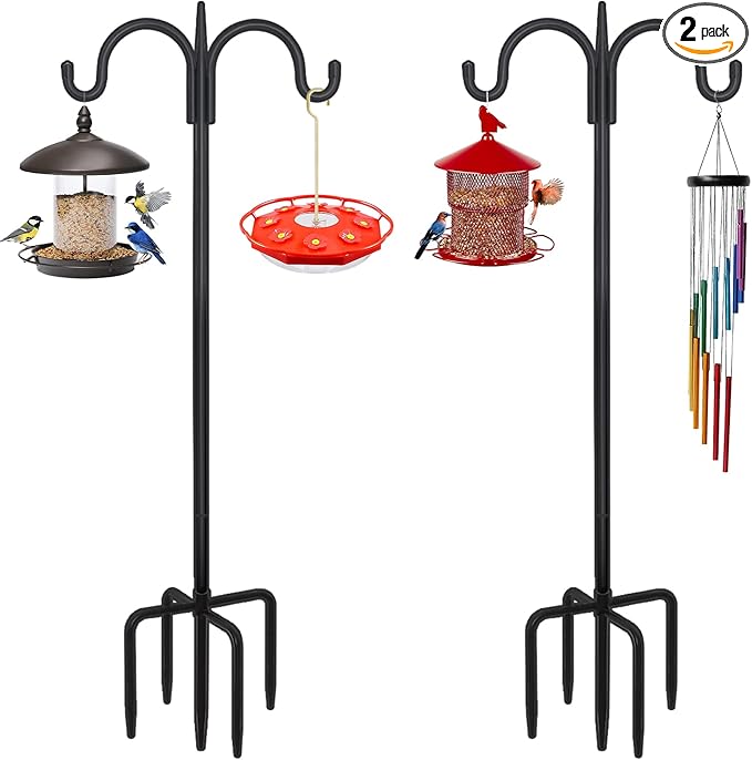 FEED GARDEN Adjustable Double Shepherds Hook for Outdoor with 5 Prong Base 92 Inch Heavy Duty Two Sided Bird Feeder Pole for Hanging Plant Baskets, Solar Light Lanterns, Wind Chimes 2 Pack