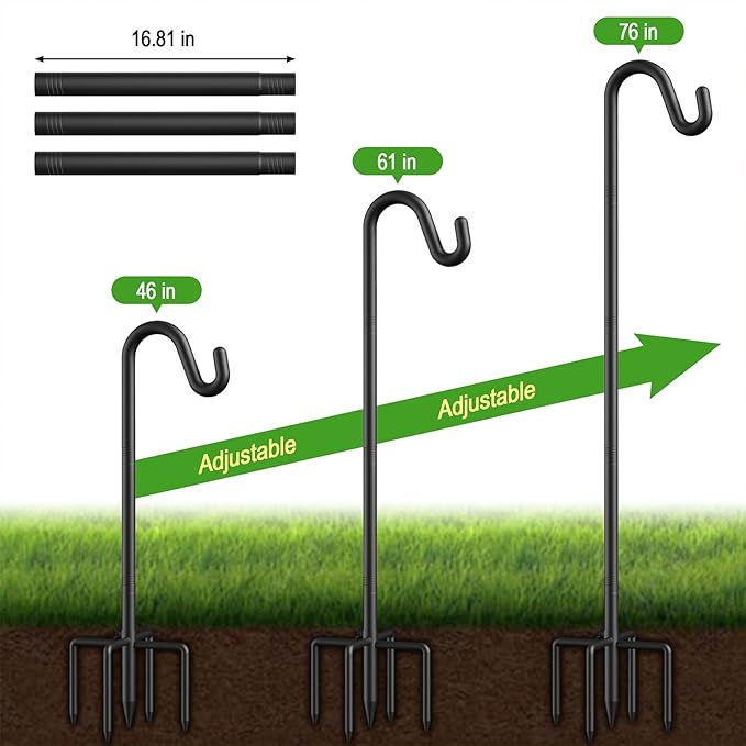 76" Shepherds Hooks for Outdoor, Adjustable Bird Feeder Pole with 5 Prong Base, Heavy Duty Bird Feeder Pole for Hanging Bird Feeders, Plant, Wind Chimes, and Garden Decorations
