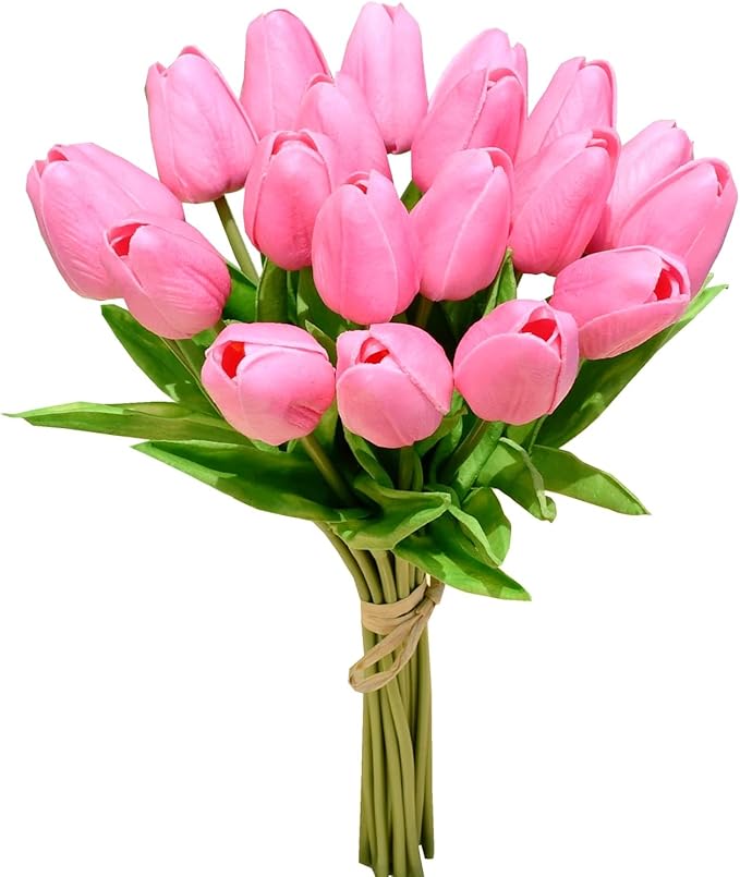 Mandy's Pink Artificial Tulips Flowers Centerpiece, 13.5" Lifelike PU Fake Floral Stems 20pcs for Kitchen Island & Dining Table, Spring Decor for Easter