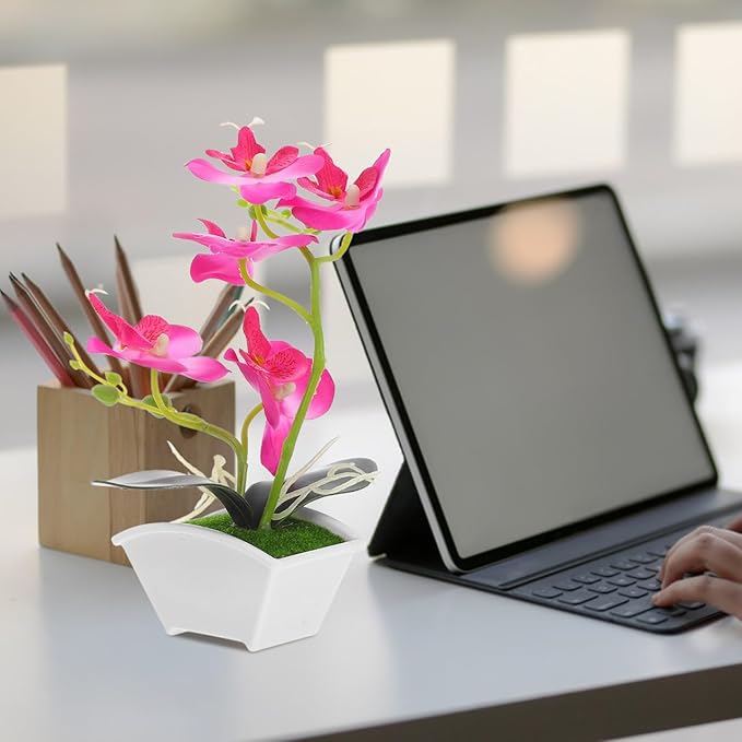 POPETPOP Mini Artificial Orchid Plant in Pot 10.62X8.66X2.16In Realistic Simulated Phalaenopsis Faux Flower for Desk Bathroom Kitchen Decor Small Potted Plant