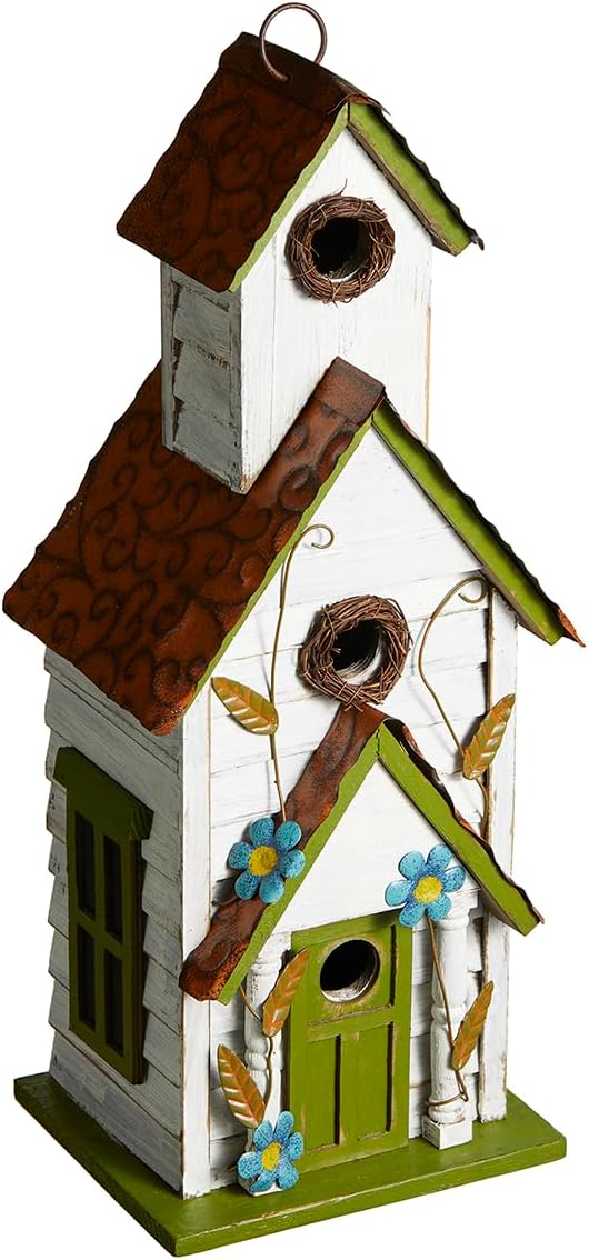 Glitzhome Hanging Birdhouse for Outside, Oversized Solid Wood 3-Story Villa Bird House, 20" H Distressed Pet Cottage Decorative Birdhouse for Outdoor Patio Garden